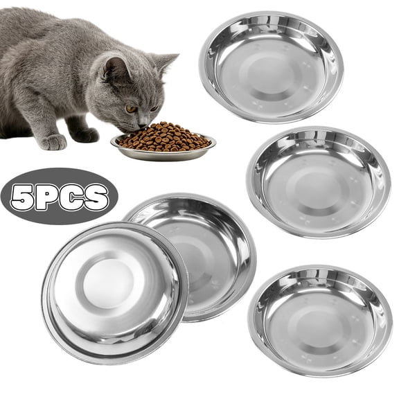 Kabuer Stainless Steel Cat Bowl Metal Wide Flat Cats Food Bowl Basic Indoor Pet Food Tray, Dishwasher Friendly (Set of 5)