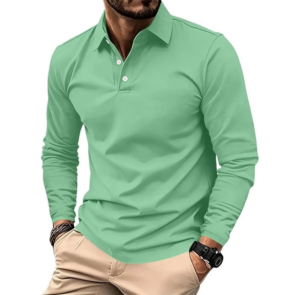 WULMLEO Mens Long Sleeve Polo Shirts Solid Color Button Slim Fit Collared Tshirts Business Casual Tops Tennis Golf Tees Green XL
