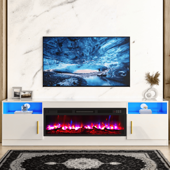 Waleaf Fireplace TV Stand with 36" Electric Fireplace Up to 80" TVs, Modern Wood Media TV Console with Highlight Cabinet, White