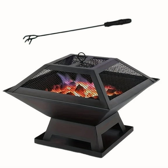 18.5-Inch Heavy-Duty Outdoor Fire Pit (Cast Iron) - With Grate/Ash Collector/Lid/Charcoal Hook | Open Grid (Even Heating), for BBQ/Camping/Backyard | Ideal for Patios/Gardens(Halloween/Christmas)