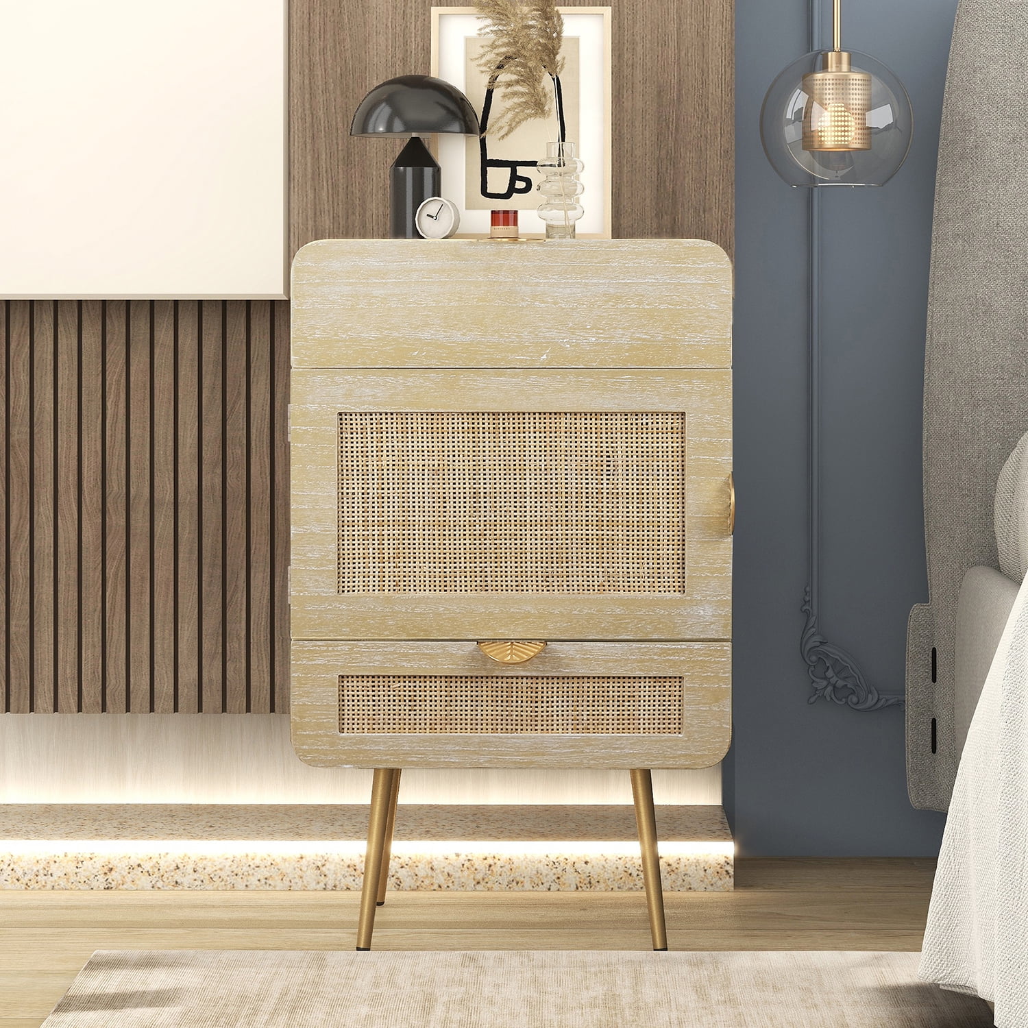 Kepooman Wooden Nightstand with One Cabinet and Metal Feet, Natural Rattan 2 Drawer Nightstand, Natural Kepooman Wooden Nightstand with One Cabinet and Metal Feet, Natural Rattan 2 Drawer Nightstand, Natural