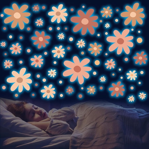Glow in The Dark Big Daisy Wall Decals,Glowing Luminous Large Cute Daisy Wall Stickers Colorful Removable self-Adhesive Flower Boho Decals for Girls Bedroom Kids Baby Nursery Living Room Decor