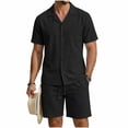 thumbnail image 2 of Fwqbns Men's Summer Casual Loose Fit Elastic Waist Shorts and Short Sleeve Button Up Shirt Set with Pockets, Breathable Solid Color Outfit Black, 2 of 6
