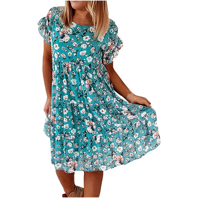 CEHVOM Robe d'Été pour Femme à Col Rond, Plage, Imprimé Floral, Volants, Robe Décontractée, Solde