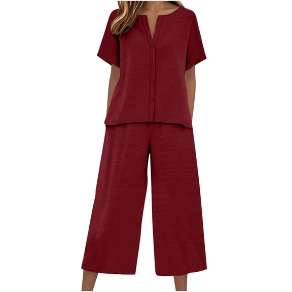 Htigea Women's 2 Piece Sets Linen Short Sleeve Button Down Shirts and Wide Leg Capri Pants Matching Outfits Casual Wear Wine S