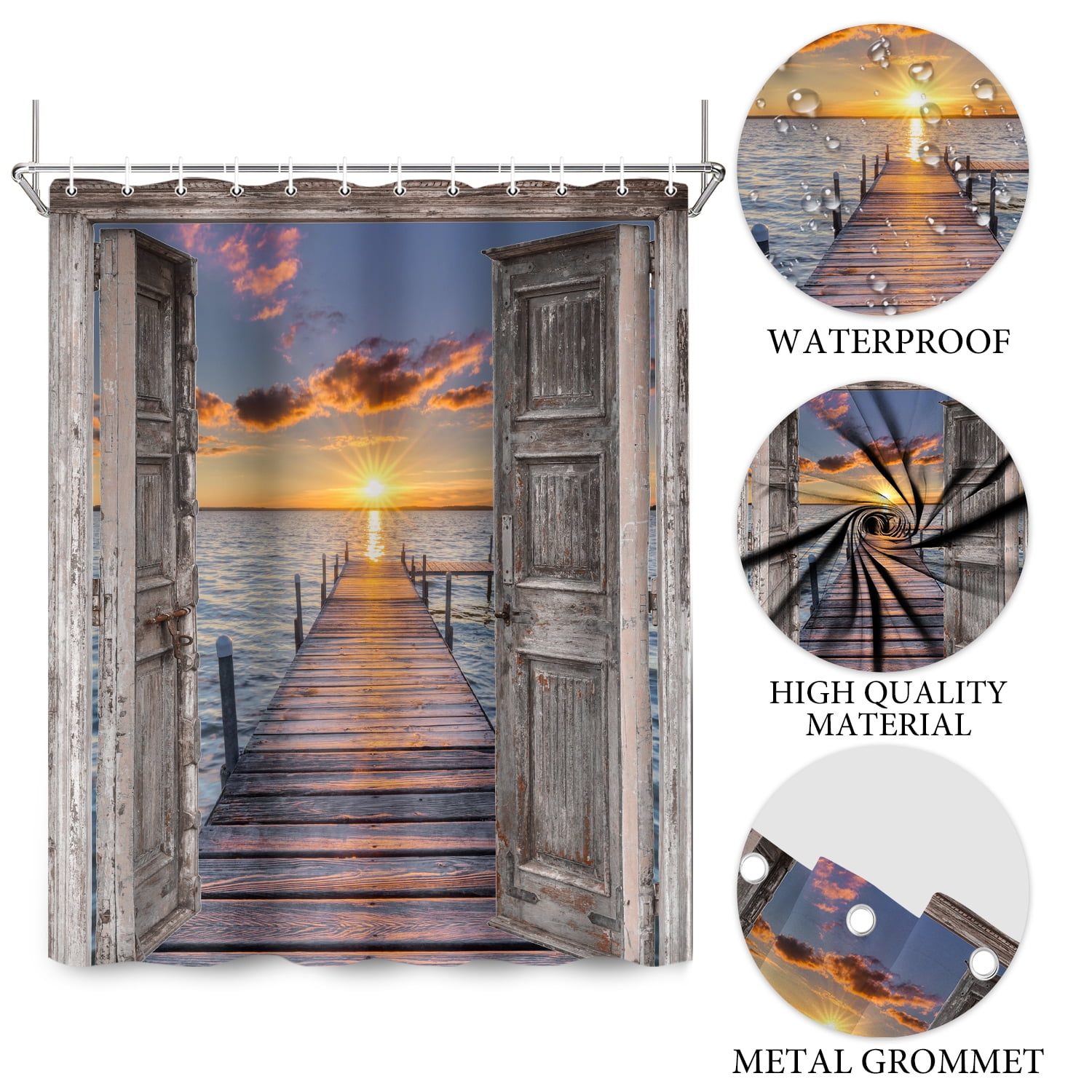 Pbobriich Beach Coastal Shower Curtain for Bathroom Summer Seaside Shower Curtain with Hooks,Wooden Grain Barn Door Design,72x78 Inches