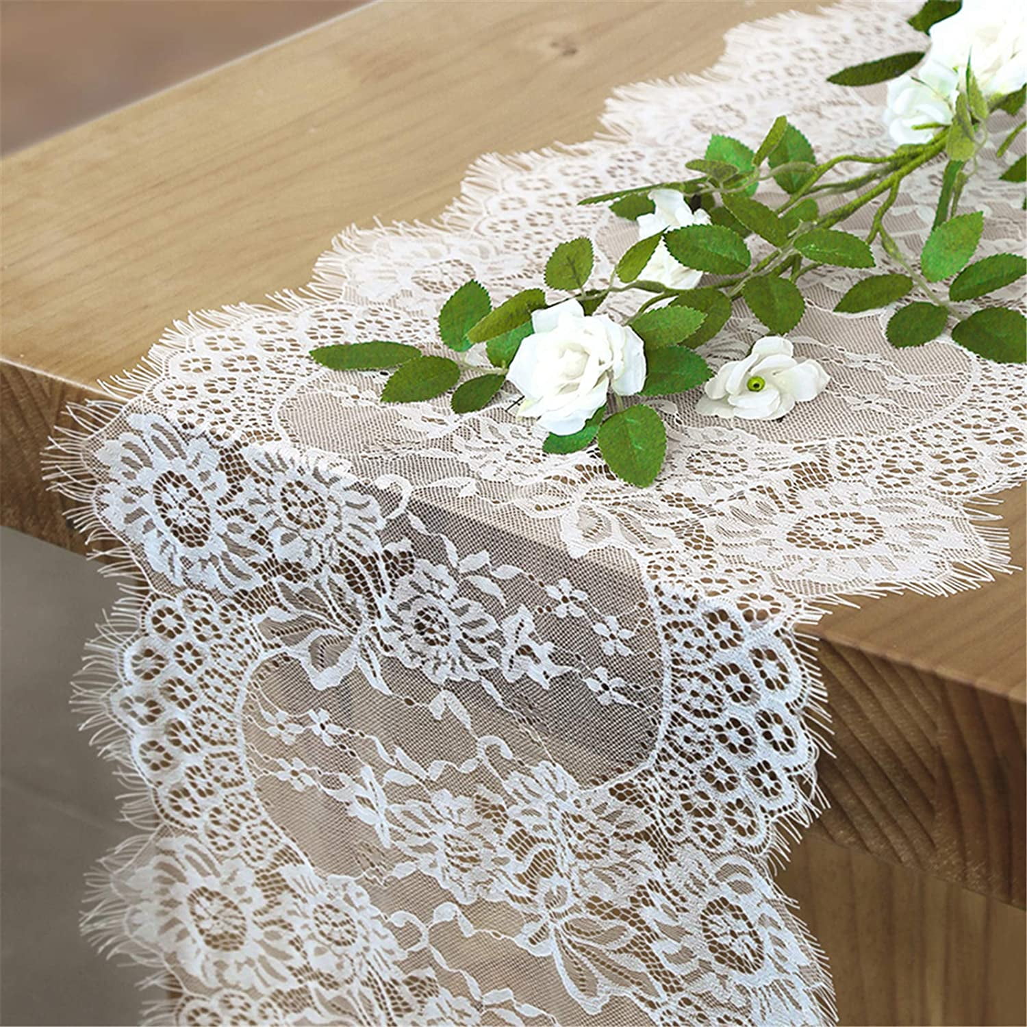 White Lace Rose Table Runner Doily Tabletopper  45" x 16" New Machine Wash 