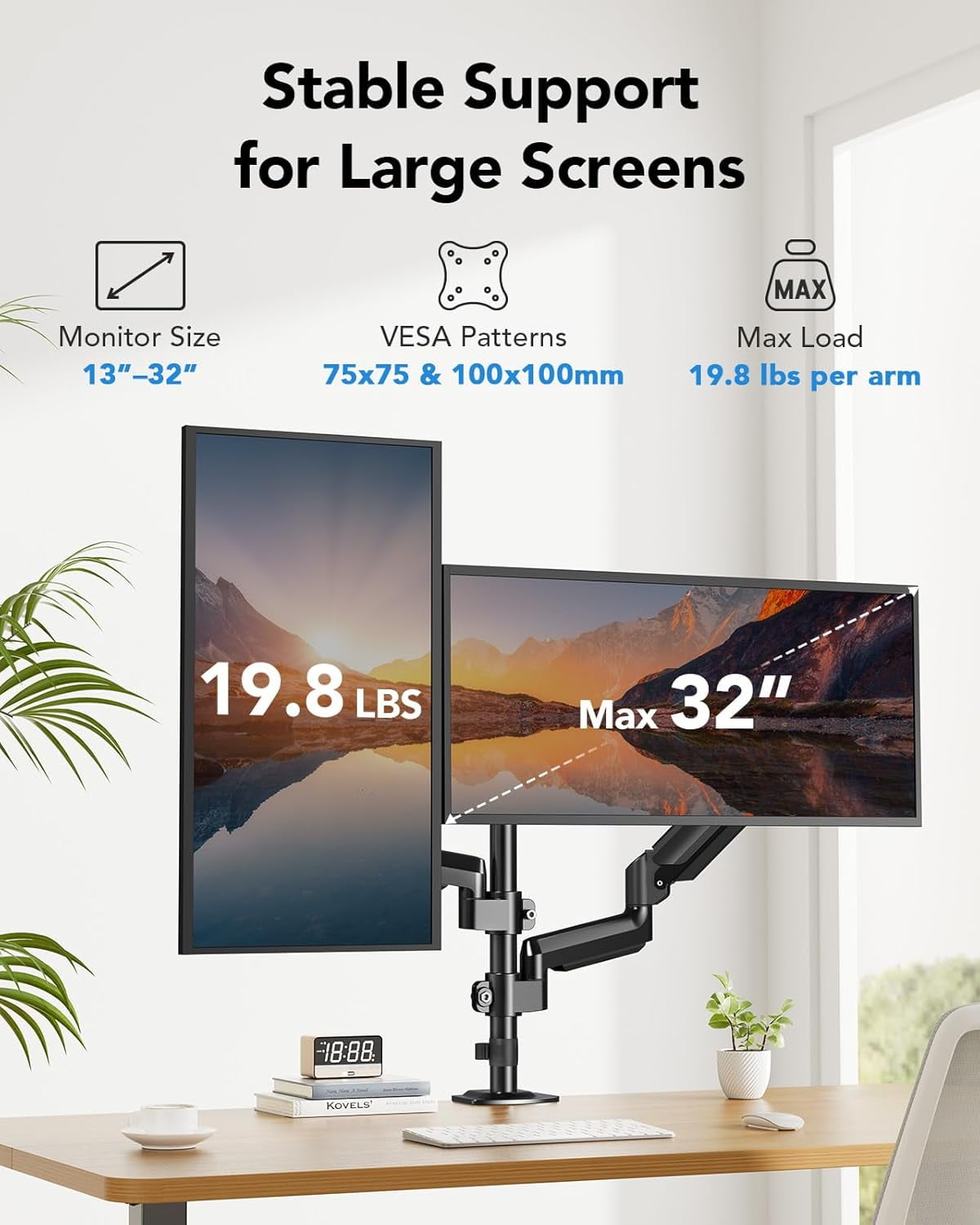 Dual Monitor Mount up to 32 inches Screens, Taller Stand Hold 19.8lbs, Arm Desk Easy Adjustable with Tilt, Swivel, Rotation, VESA 75/100mm