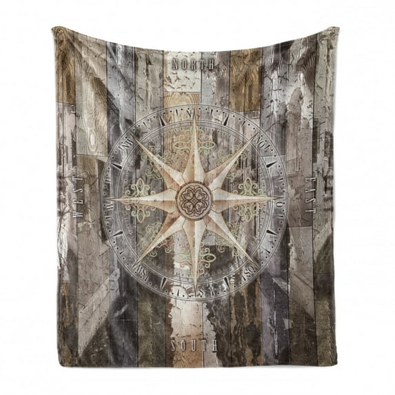 Marine Life Soft Flannel Fleece Throw Blanket, Navy Sea Life Yacht Theme Colored Wood Backdrop Rudder like Compass Marine Image, Cozy Plush for Indoor and Outdoor Use, 60" x 80", Brown, by Ambesonne
