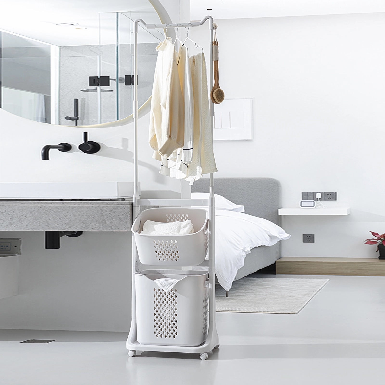 2-Tier Laundry Hamper Sorter with Hanging Bar, Rolling Laundry Baskets with Wheels Removable, Stackable Laundry Cart Organizer and Storage for Small Space, Dorm, Closet, Bathroom