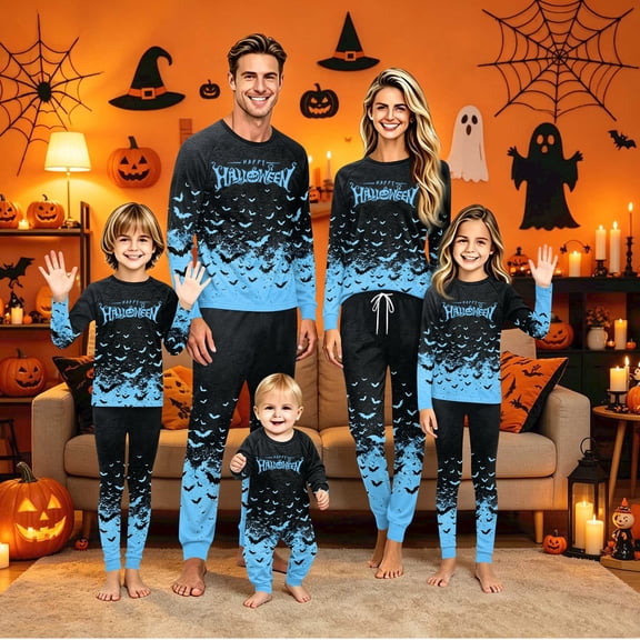 Halloween Pajamas, Family Matching Pajamas, Halloween Pajamas for Family, Halloween Matching Family Pajamas Black Blue Bat Gradient Long Sleeve Set for Costume Party, Baby 12 Months