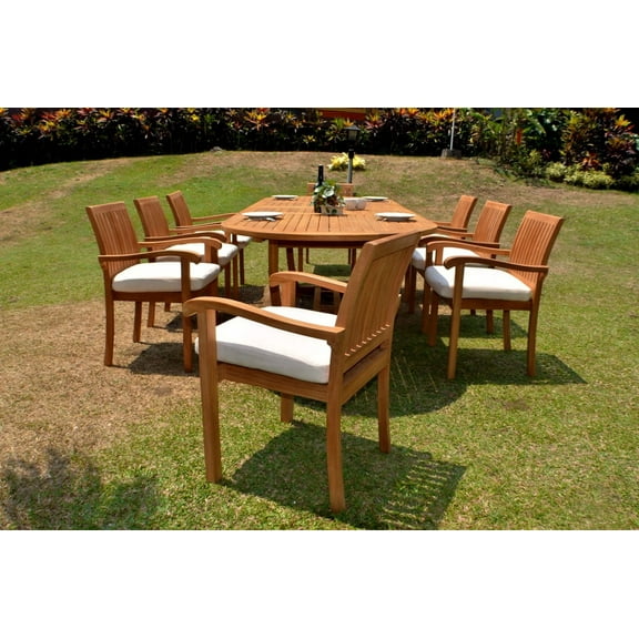 Teak Dining Set:8 Seater 9 Pc -118" Mas Oval Table(Trestle Leg) And 8 Stacking Napa Arm Chairs Outdoor Patio Grade-A Teak Wood WholesaleTeak #WMDSNPs