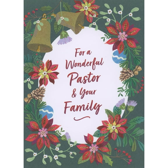 Designer Greetings Two Bells with Gold Foil Clappers and Oval Border of Flowers and Vines Christmas Card for Pastor and Family