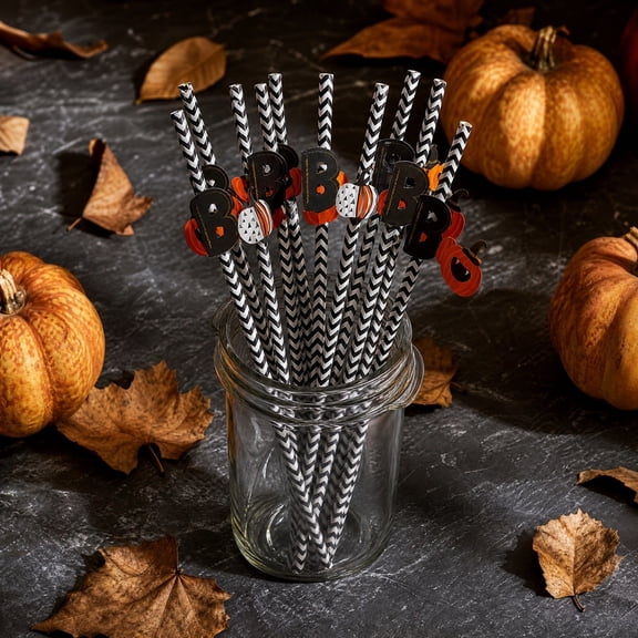 Orangide Halloween Straws 24 Pcs Disposable Drink Stirrers with Skull Witch Hat Pumpkin Toppers for Party Beverage Supplies