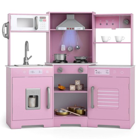 Costway Pretend Play Kitchen for Kids Toddler Aged 3+ Wooden Toy Set with Range Hood Pink