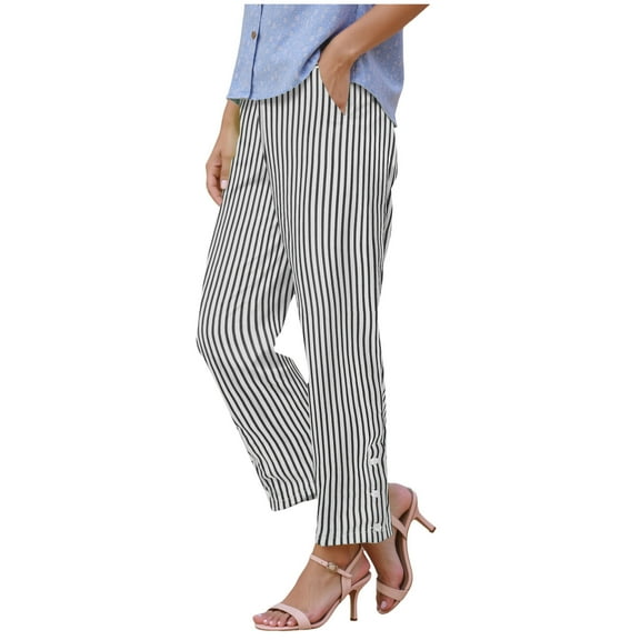 TANGQIOP Causal Pants for Women Solid Color Striped Straight Wide Leg Elasticized High Waisted Pocketed Button Breathable Black XXXL
