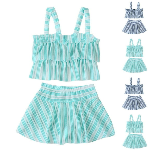 Hrsba Cute Girls Swimsuit Sleeveless Top with Skirt Bottom Modest Style Swimwear