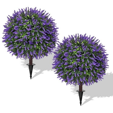Lyacmy 2 Pack 23 Inch Artificial Lavender Topiary Ball Trees with Ground Spike, UV Resistant Artificial Shrubs, Fake Evergreen Artificial Plant Brush for Indoor Outdoor Front Porch Garden