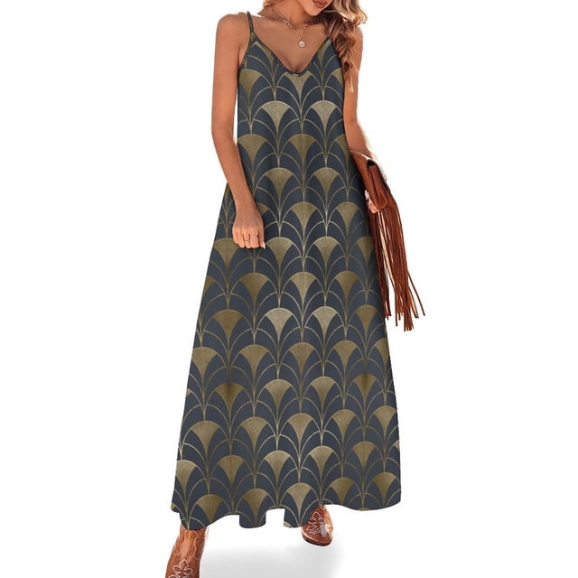 Nouvelle Robe Élégante Art Or et Gris Motif Géométrique Sans Manches Robe de Soirée Femme Longue Robe Femme
