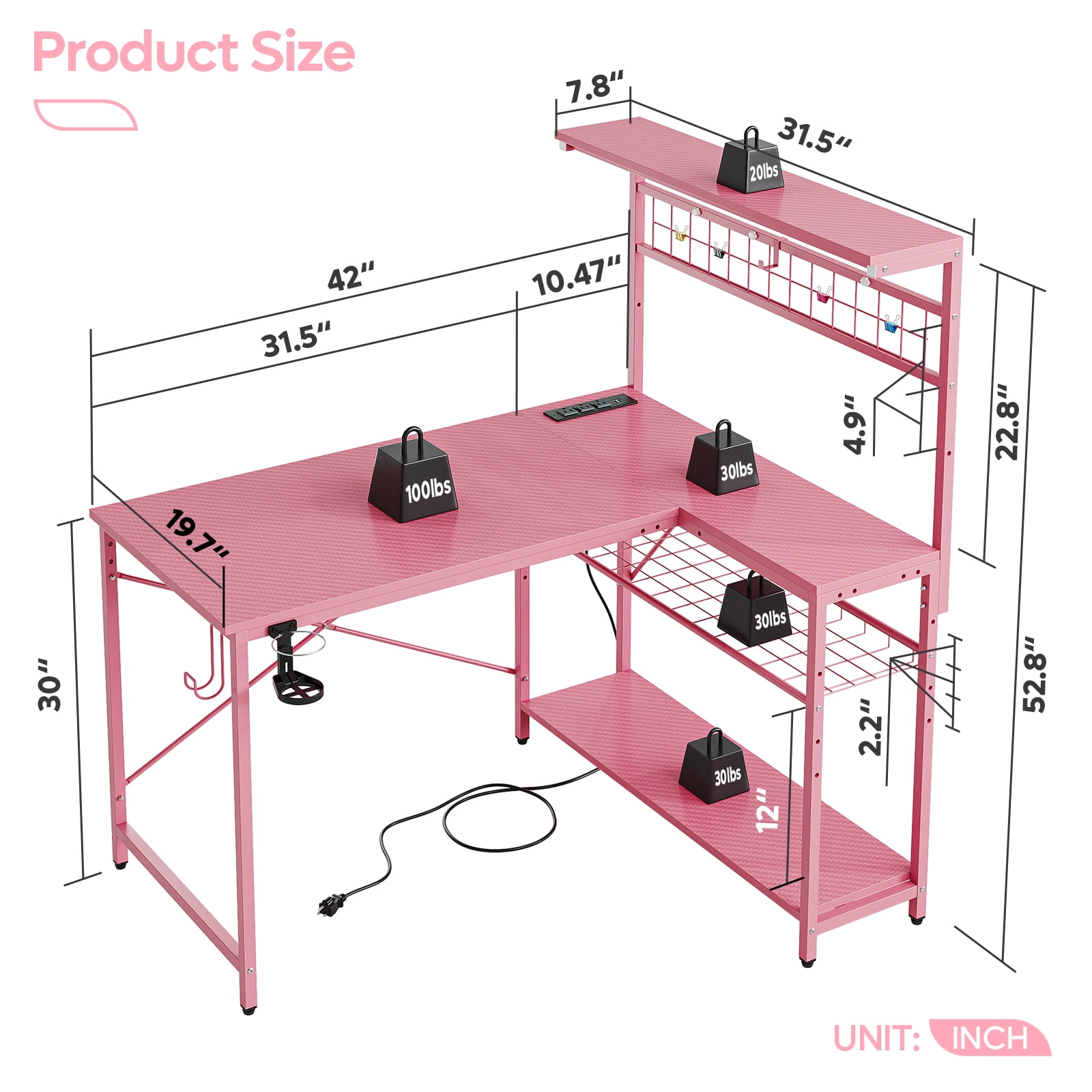 Bestier 42 inch L Shaped Gaming Desk with LED Lights & Power Outlet, Reversible Corner Computer Desk with Hutch & Storage Shelves for Home Office, Pink