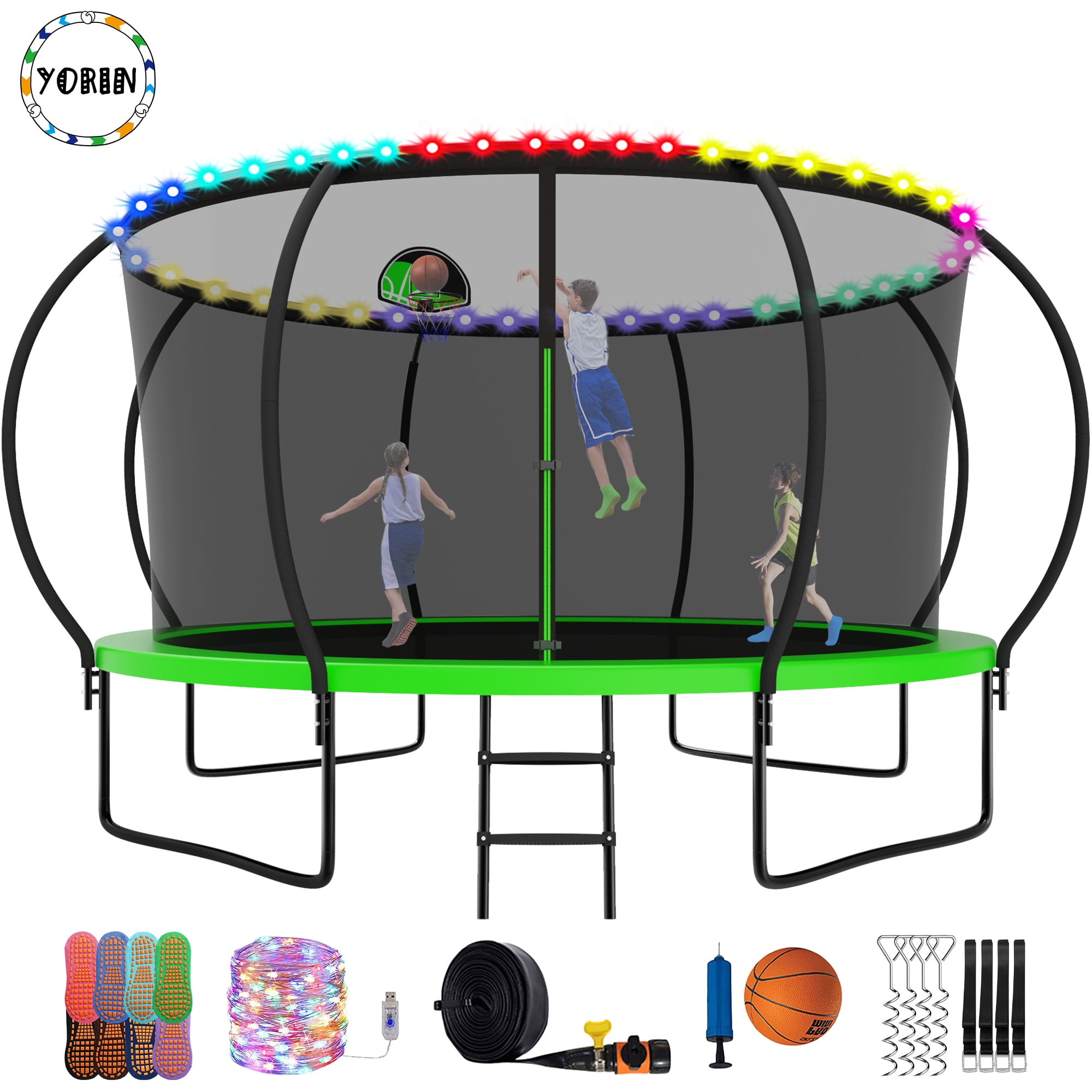 YORIN Trampoline pour Enfants de 7 à 8 Ans, Trampoline de 14 Pi pour Adultes avec Filet de Protection, Panier de Basketball, Échelle, Trampoline Récréatif Extérieur de 1400 Lb, Trampoline Robuste avec Lumière, Arroseur, Bas