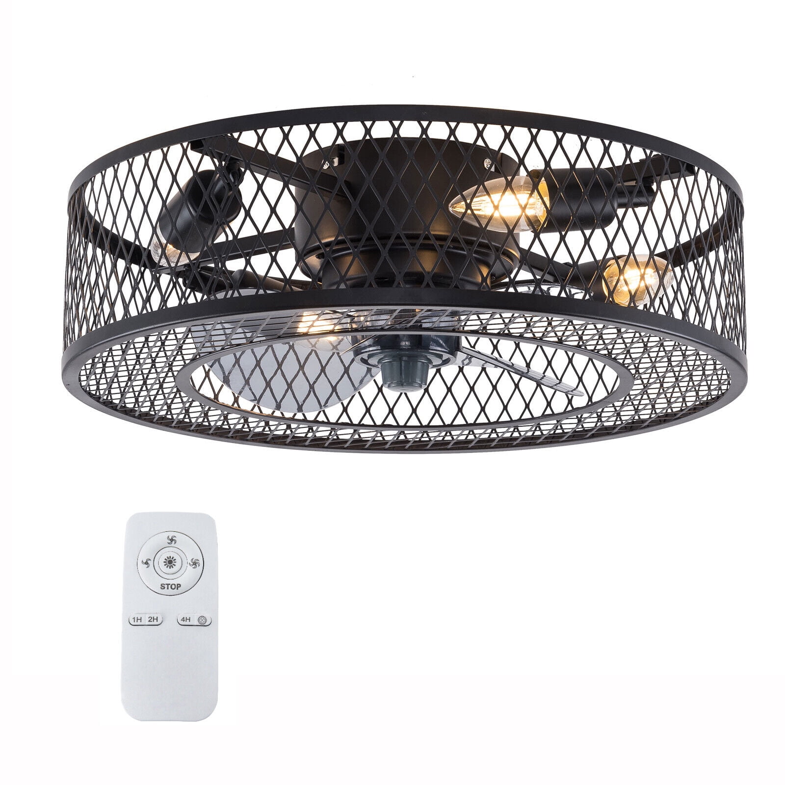 Miumaeov 18'' Rustic Metal Caged Ceiling Fan Light Semi Flush Mount Fan Chandelier 3 Speeds with Remote Control Black