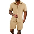 thumbnail image 1 of UVEASISHA Men's 2 piece Matching Set Textured Summer Beach Outfit Solid Color Breathable Button Down Shirt ShortsTracksuits Set Comfortable Loose Fit Brown,L, 1 of 8