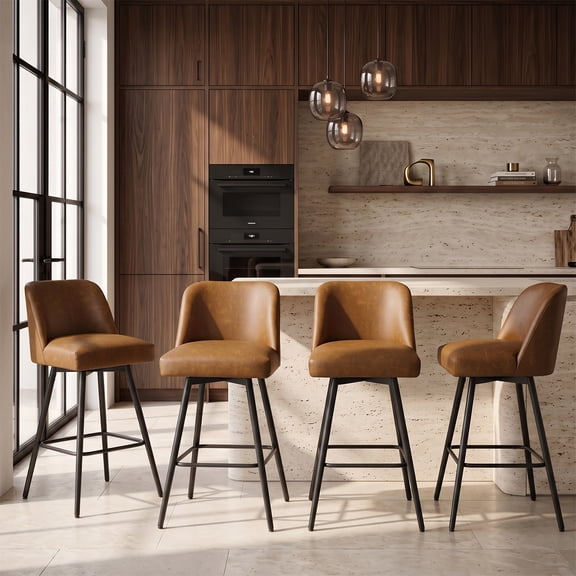 Modern Bar Stools Set of 4, 26" H Swivel Counter Height Barstools with High Backs, Kitchen Island Stools, For Bar & Home,Faux Leather, Brown