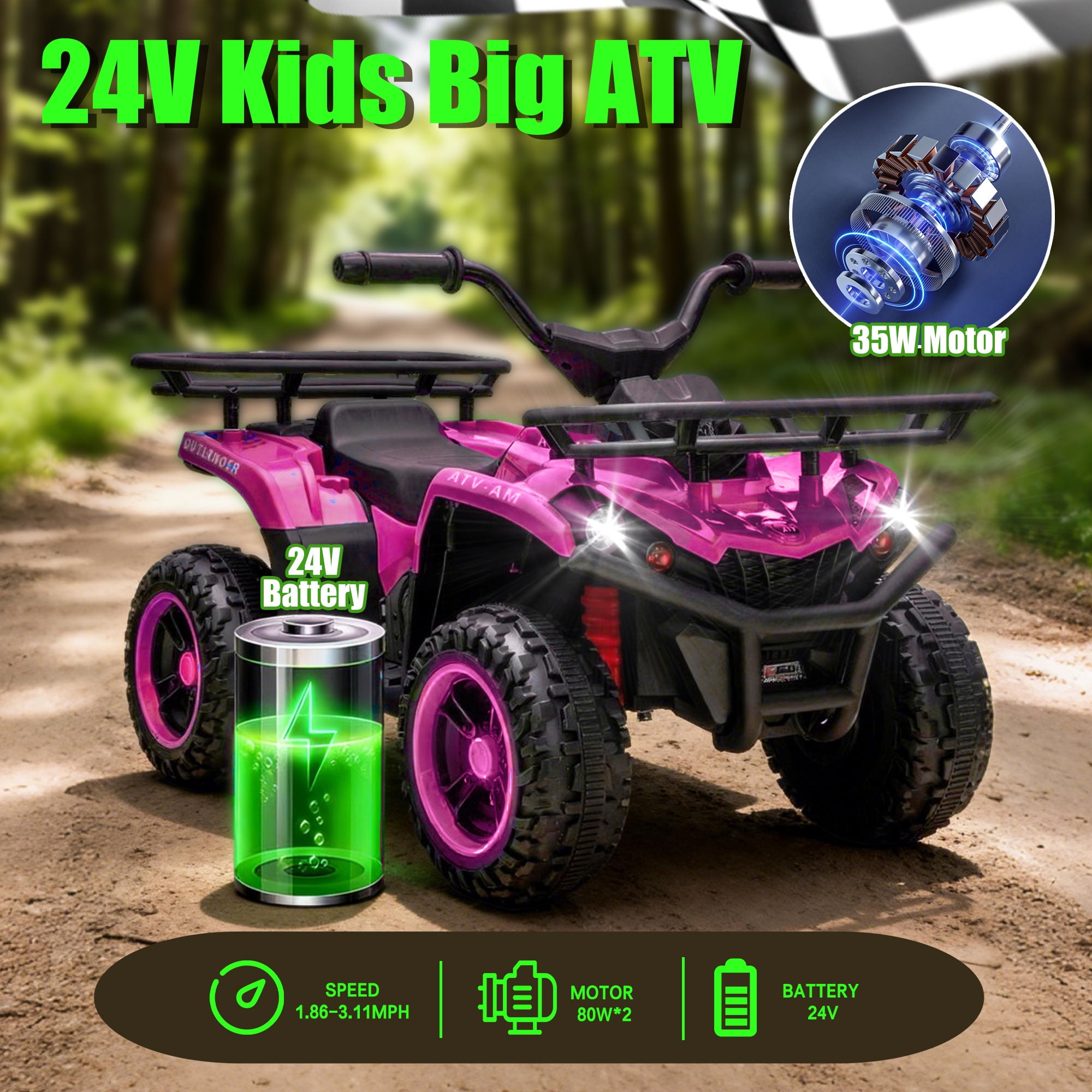 iYofe 24V Big Kids Ride on ATV Quad, Electric 4 Wheeler for Kids 3-6 with Battery Display, Anti-Slip Tires, LED Headlights, Bluetooth, MP3, Storage Racks, Gifts for Birthday & Christmas, Pink