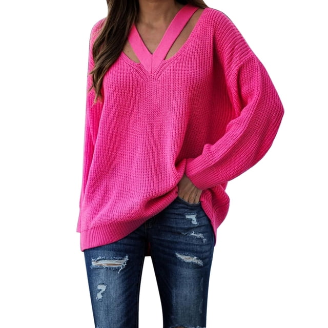 Womens V Neck Oversized Fall Sweater Sexy Long Sleeve Knit Pullover Top