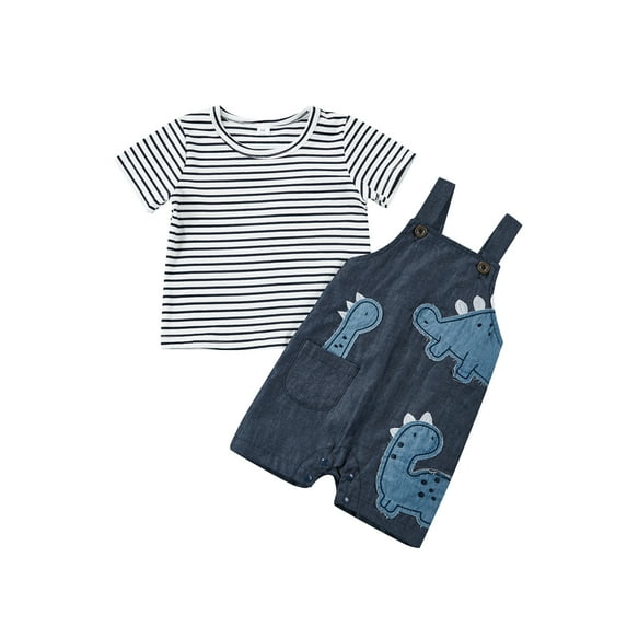Chollius Toddler Baby Boy Casual Set Crew Neck Short Sleeve Stripe T-shirt Dinosaur Denim Overalls Suspenders Shorts Suits