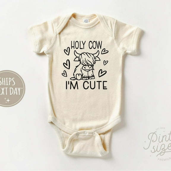 Baby Bodysuit BELLA CANVAS Holy Cow I'M Cute Onesie - Funny Baby Onesie - Cute Cow Natural Baby Onesie