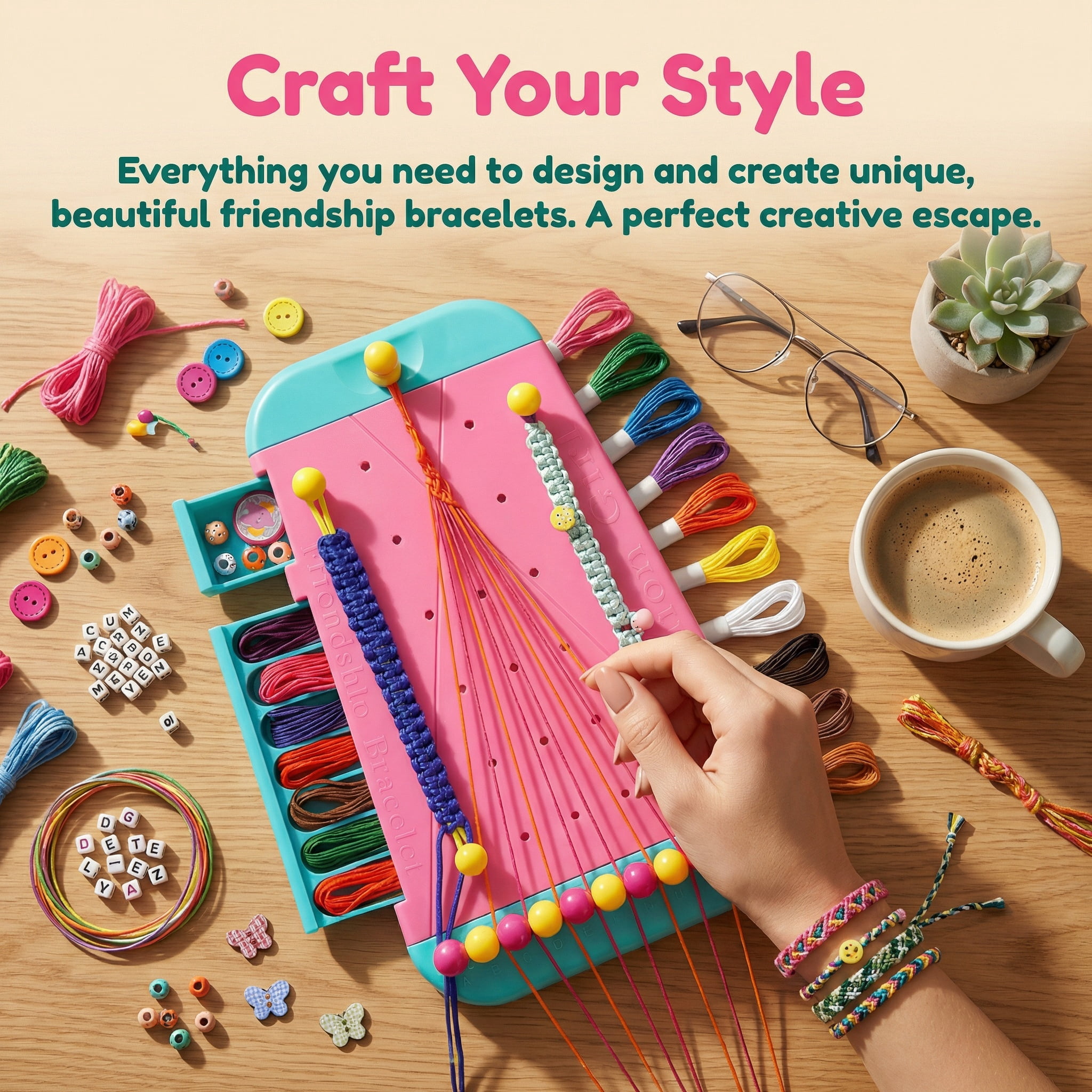Friendship Bracelet Making Kit for Adults, DIY Jewelry Making Set with 28 Pre-Cut Threads, Letter Beads & Buttons, Portable Craft Tool Kit for Personalized Bracelets, Creative Gift for Ages 16+