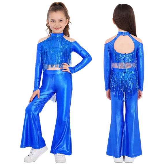 Eandarui Kids Girls Sparkly Rave Festival Set Disco Party Dance Outfits Sequin Ballet Dancewear Royal Blue 12