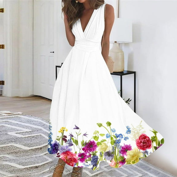 Taylonsss Women's Spring/Summer Sleeveless Color V-Neck Wrapped Chest Dress Long Dress