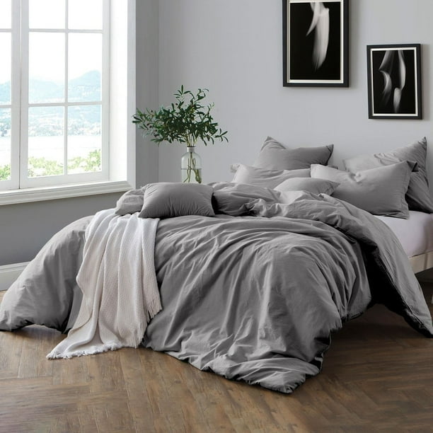 Swift Home Premium Cotton Prewashed Chambray Duvet Cover Set Ash Grey