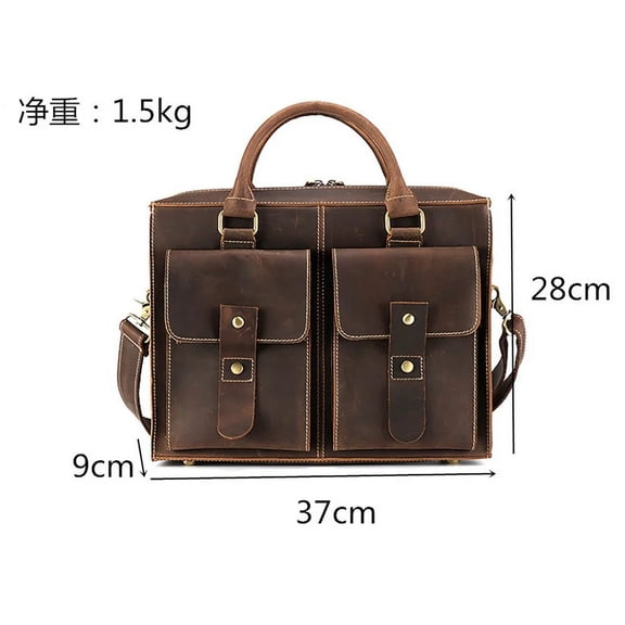 Crazy Horse Leather Men's Bag Horizontal Vintage Top Layer Cowhide Laptop Bag Tablet PC  Shoulder Bag 14 inch Male Vintage Bag (Brown)