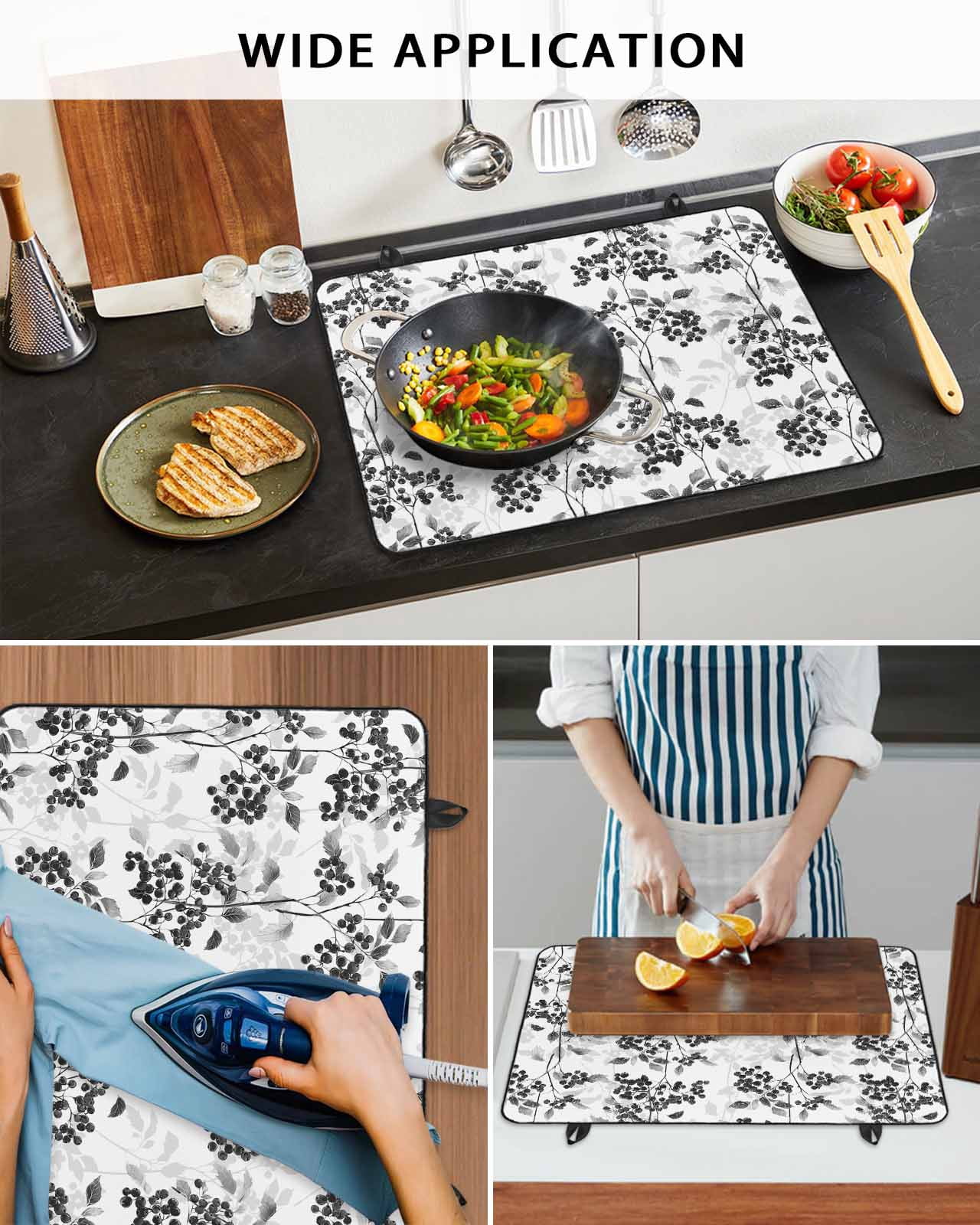 nqOlkjepod Large Induction Cooktop Protector Mat 36"x21", Black Gray Botanical Stove Top Covers for Electric Stove, Vintage Nature Flower Decorative Stove Burner Cover Mats, Glass Top Stove Cover