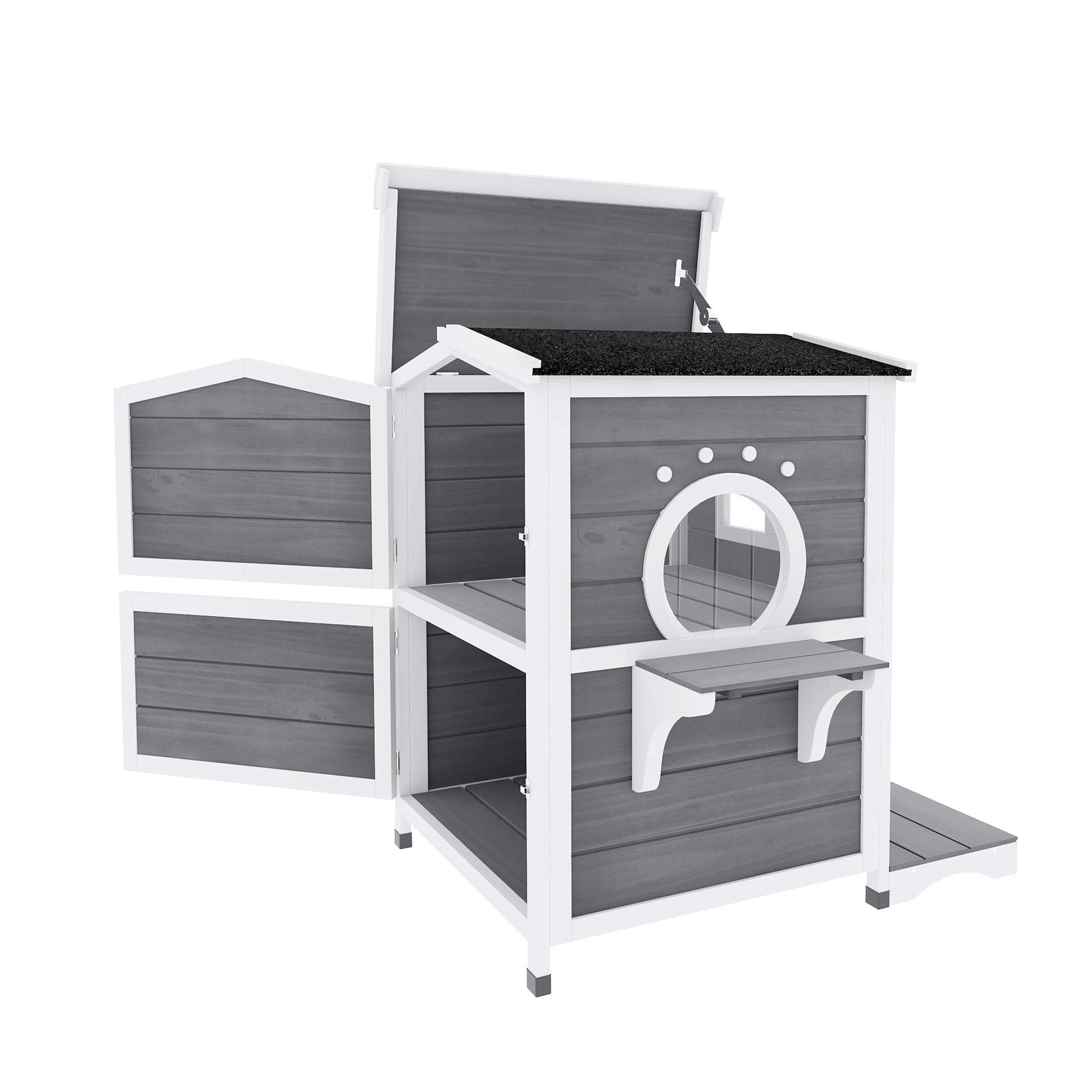 Uforic Cat House Outdoor Two-Story Wooden Feral Cat Shelter with Openable Roof, Escape Door - Gray