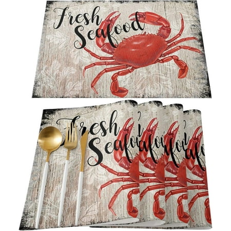 

Summer Beach Red Crab Vintage Illustration Placemats for Dinning Table Set of 6 Waterproof Cloth Table Mats Cotton Linen Place Mats Fabric Dinner Mat Easy Clean Farmhouse Resistant