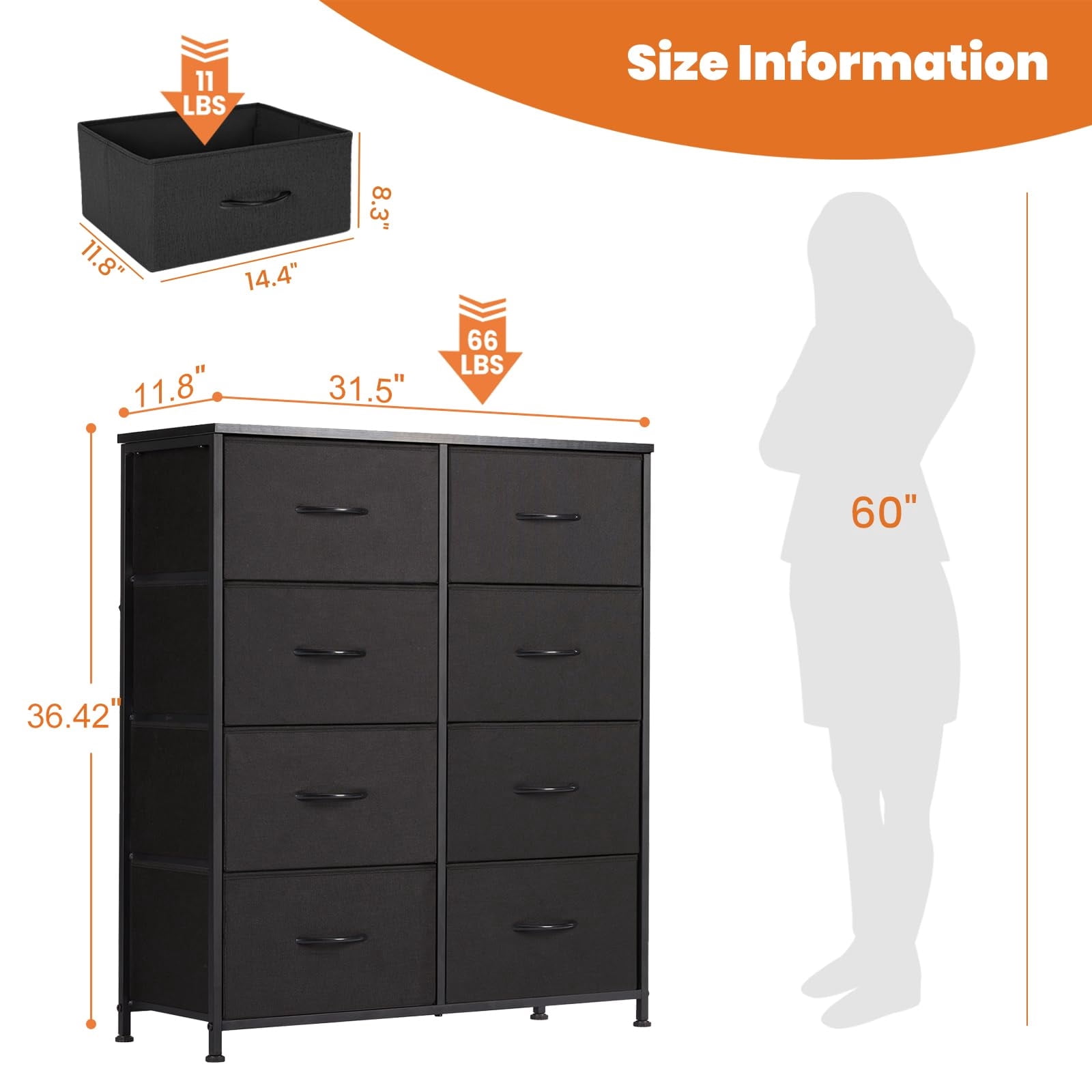 Telyra 8-Drawer Fabric Dresser Tall Storage Tower with Wood Top and Steel Frame Bedroom Closet Organizer, Black