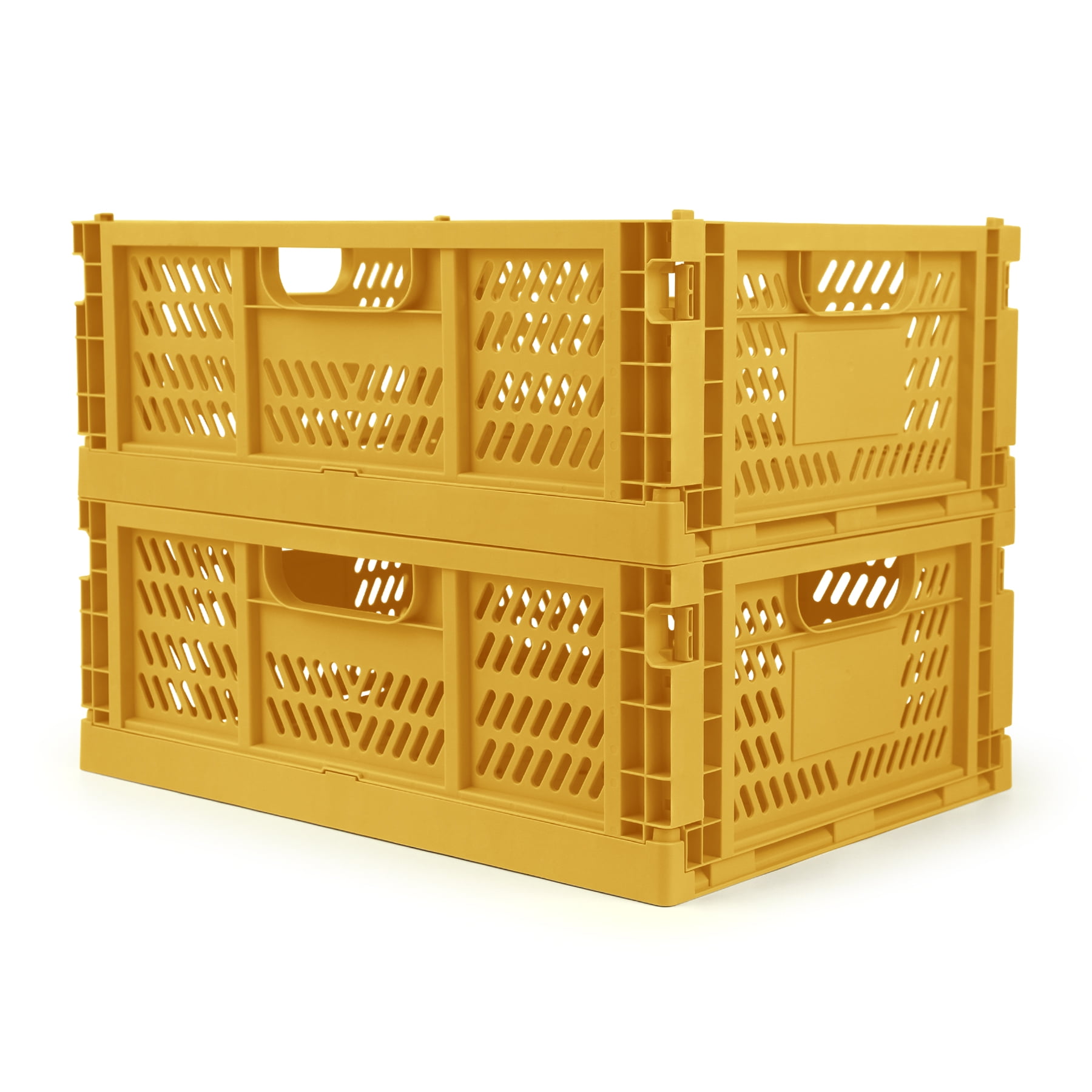 Collapsible Plastic Storage Crates, 16L, Yellow, 2 Pack