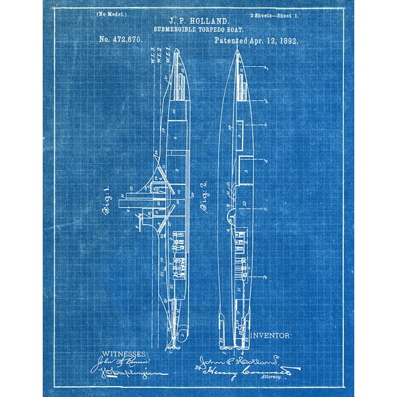 Original Submarine Artwork Submitted In 1892 - Nautical - Patent Art Print