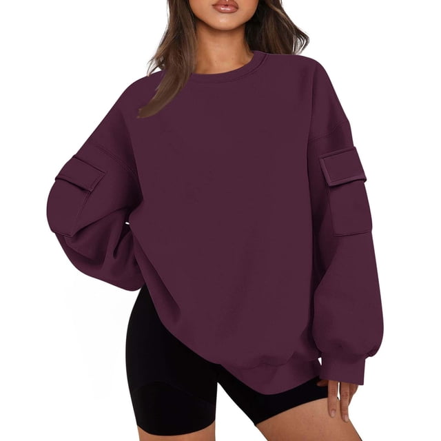 GigrtiJin Chandail en Molleton Femme Col Rond Couleur Unie Manches Longues Ample Mode Décontracté avec Poche