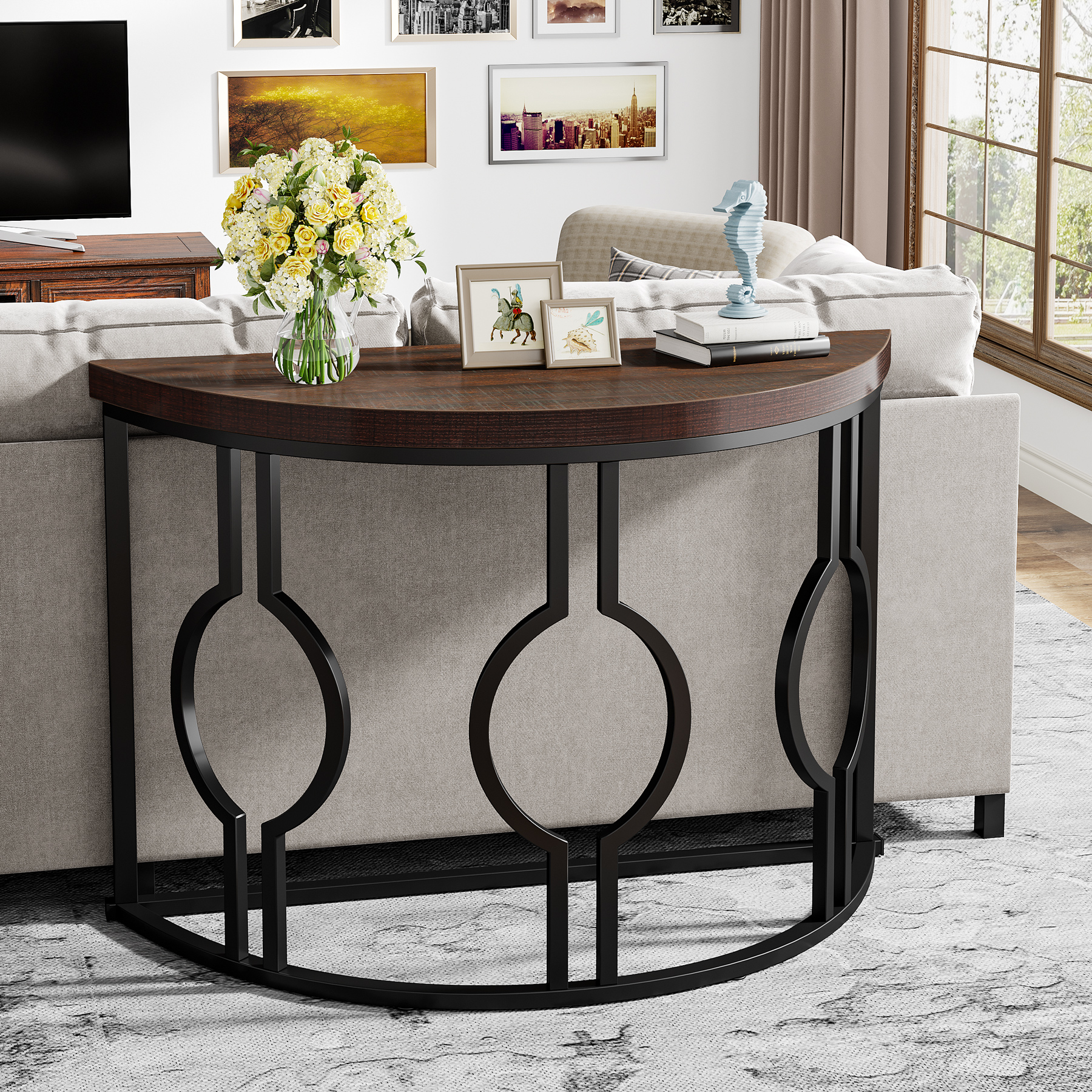 Fnova 43" Industrial Entryway Console Table, Half Moon Semi-Circle Sofa Table with Geometric Metal Base, Wood Accent Table for Living Room, Hallway, Foyer, Entrance, Easy Assembly