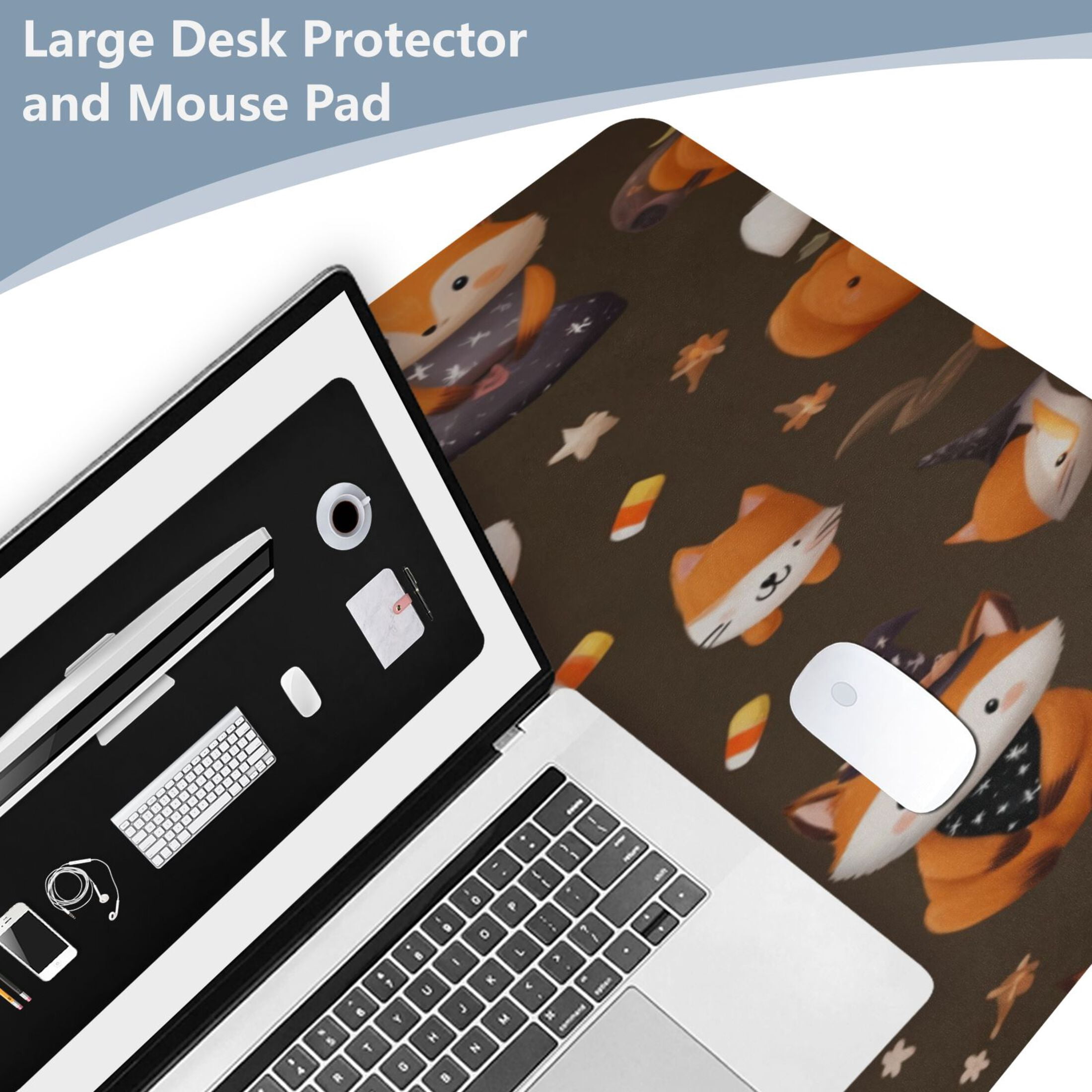 Leather Keyboard and Mouse Desk Mat Office Desk Accessories Protective Office Desk Decor Desk Pad Mat for Gaming, Work from Home, Office Cute Foxes in Cute Costumes 16.5" x 35.4"