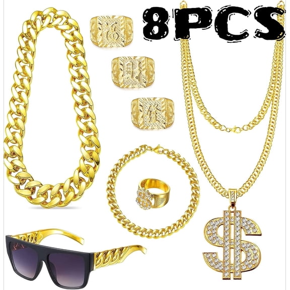 Accessories Outfit for Men Hip Hop Costume Kit Old School Rapper Sunglasses Faux Gold Rope Chain Bracelet Dollar Sign Chain Ring Kanji Ring Halloween Party Decorations