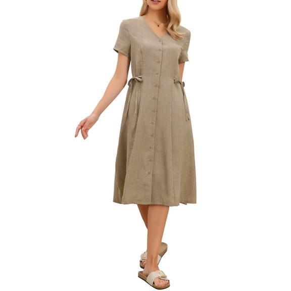 Summer Casual Dress for Women's Button Down V Neck Short Sleeve Work A Line Midi Dress XS Khaki