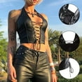 thumbnail image 4 of Bouanq Women's leather tops for women Crop Tank Tops Halter Lace Up Camisole Vest for Casual Party Festival Rave, 4 of 7