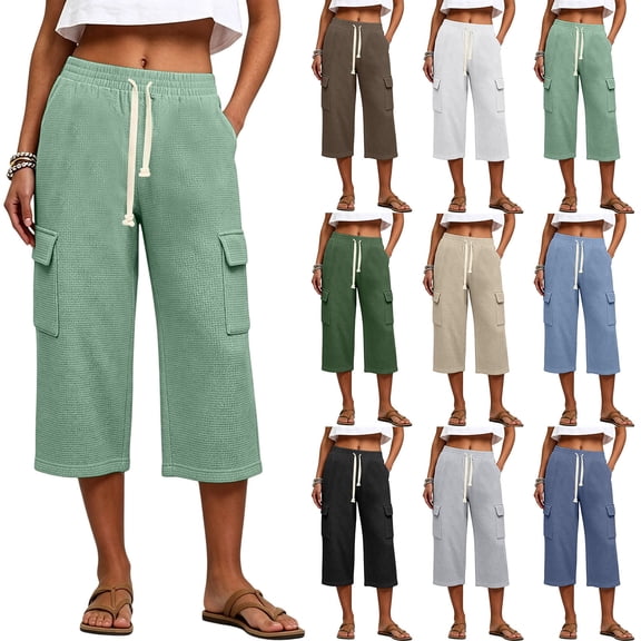 Cargo Capri Pants for Women with Pockets Straight Leg Loose Fit Drawstring Waisted Casual Capris